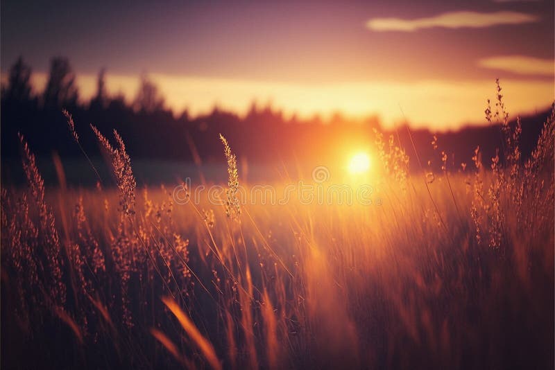 Belo pôr do sol em um prado robusto cores fortes da luz do sol na natureza ilustração stock