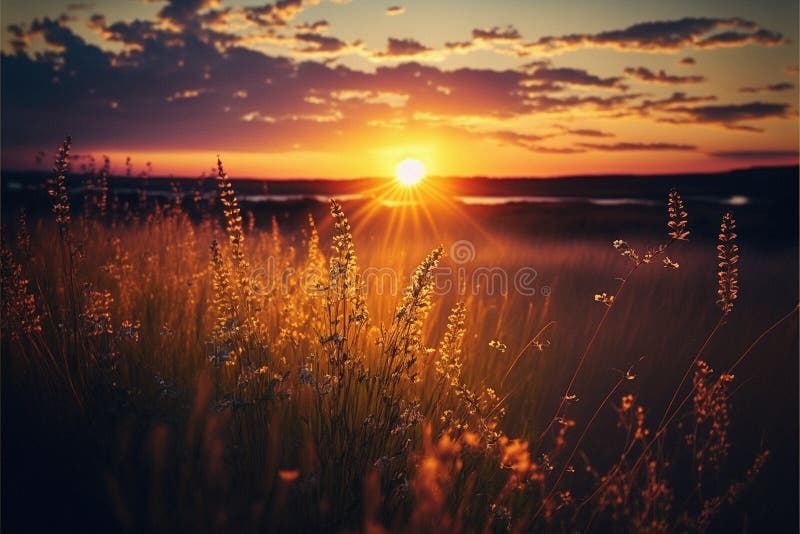 Belo pôr do sol em um prado robusto cores fortes da luz do sol na natureza ilustração royalty free