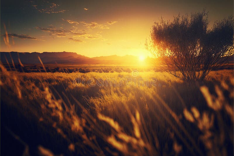 Belo pôr do sol em um prado robusto cores fortes da luz do sol na natureza ilustração stock