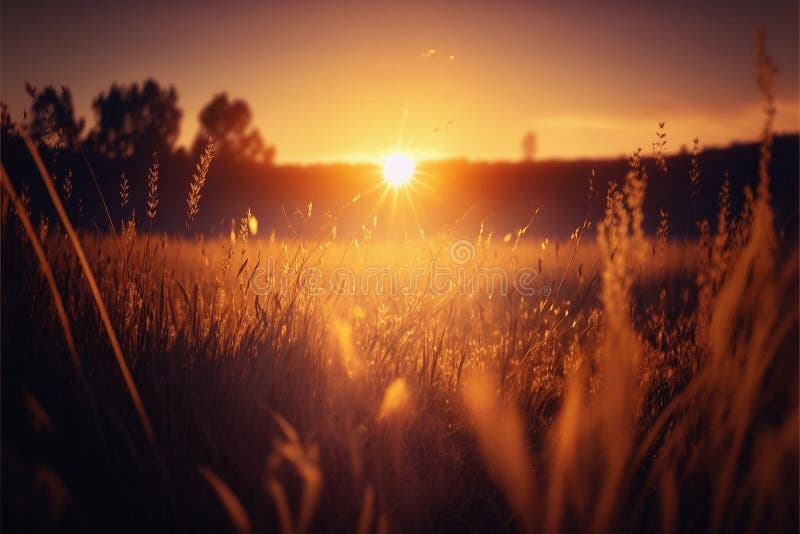 Belo pôr do sol em um prado robusto cores fortes da luz do sol na natureza ilustração stock
