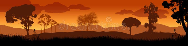 Belo pôr do sol na paisagem da savana ilustração royalty free