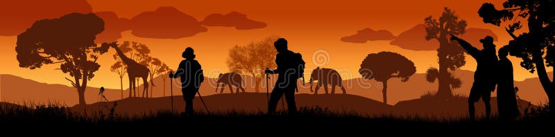 Belo pôr do sol na paisagem de savana com animais selvagens e silhueta de viajantes ilustração royalty free