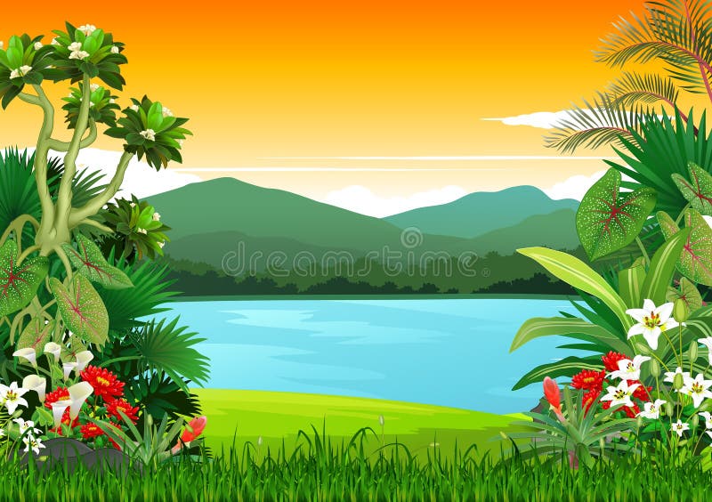 Belo pôr do sol na vista da paisagem do lago tropical com desenhos animados de plantas vítreas ilustração royalty free