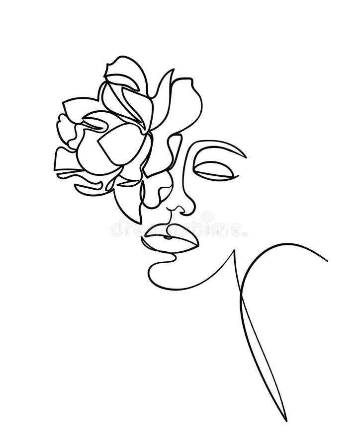 rosto de mulher desenho de linha única com flores arte em linha