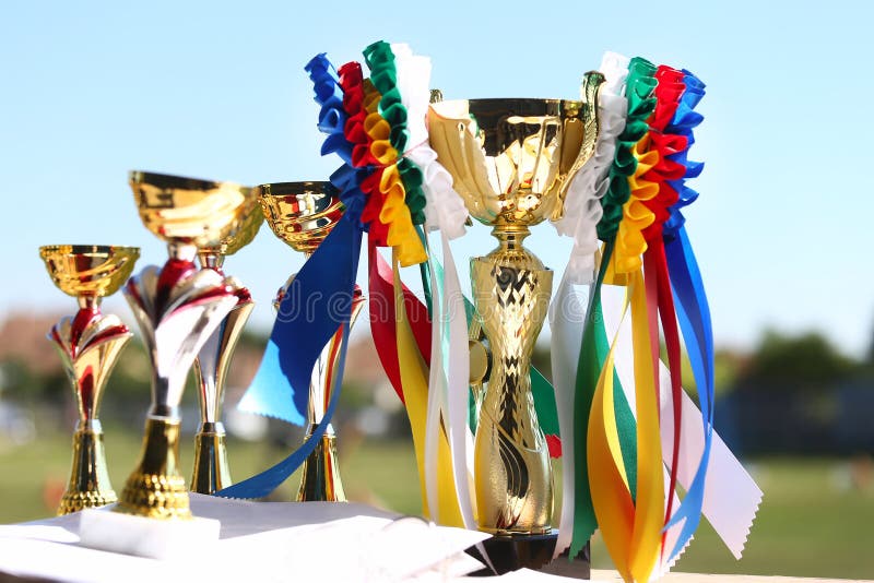 Group of horse riding equestrian sport trophies awards at equestrian racehorse event at summertime. Group of horse riding equestrian sport trophies awards at equestrian racehorse event at summertime