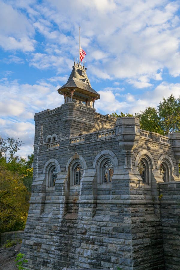 Belvedere Castle Under a Cloudy Bloue Sky Stock Image - Image of green ...