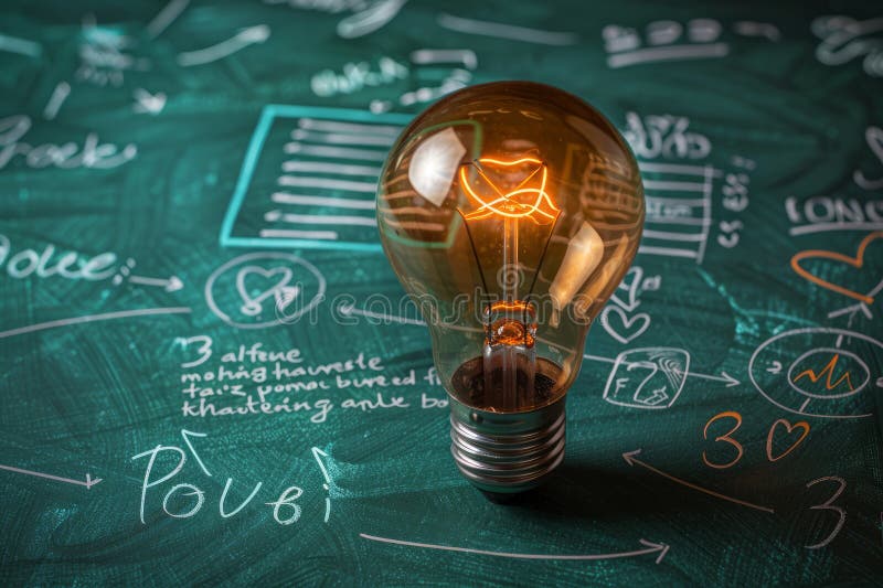 Belysa idéer begreppsmässig bild av en glödlampa på ritbord med kreativa anteckningsformler och diagram som symboliserar stock illustrationer