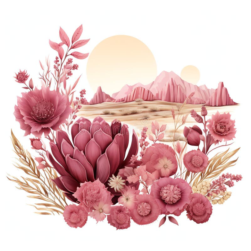 Belysning för vackert rosa ökenbuttes. Detta är en ai-genererad bild av en vacker bild av ljusrosa ökända buttes Clipart-illustration