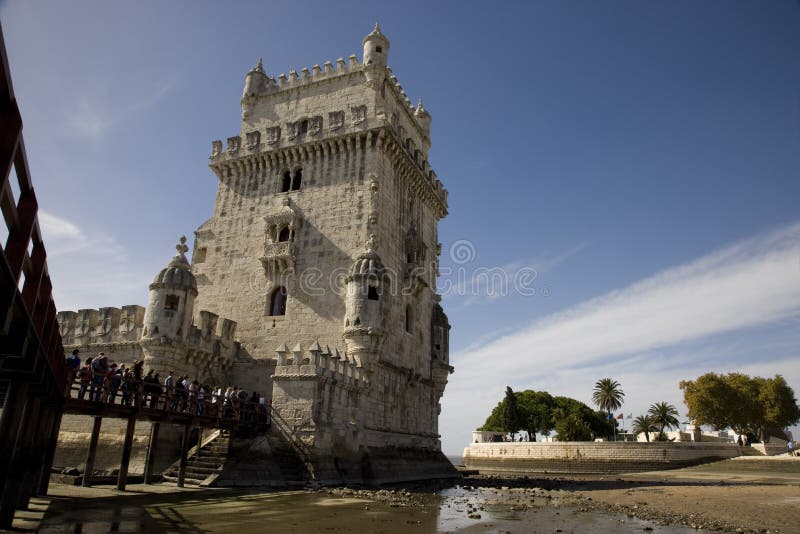 Belémtoren Lissabon Portugal, rivier Tagus, de architectuur van de vestingsgevangenis van Renaissanceunesco stock foto Belémtoren Lissabon Portugal, rivier Tagus, de architectuur van de vestingsgevangenis van Renaissanceunesco stock foto