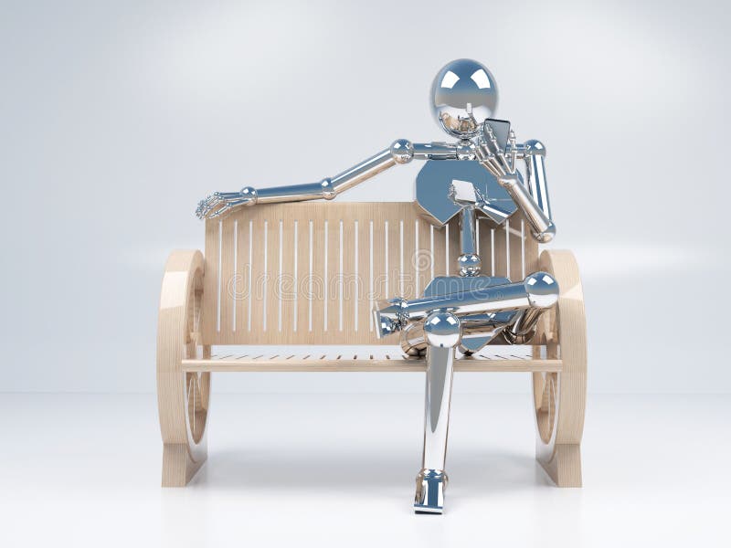 Belägga med metall den robotic hållande mobiltelefonen för krom i hand och sammanträde royaltyfria bilder