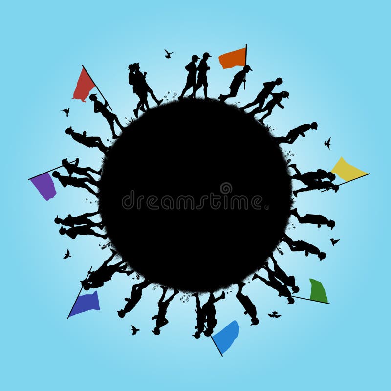 Bemanna spring runt om planet med ett fredmeddelande stock illustrationer Bemanna spring runt om planet med ett fredmeddelande stock illustrationer