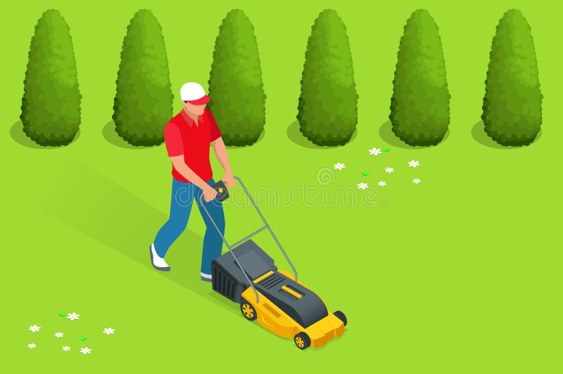 Bemannen Sie das Mähen des Rasens mit gelbem Rasenmäher in der Sommerzeit Rasengrasservicekonzept Isometrische Vektor-Illustratio stock abbildung Bemannen Sie das Mähen des Rasens mit gelbem Rasenmäher in der Sommerzeit Rasengrasservicekonzept Isometrische Vektor-Illustratio stock abbildung