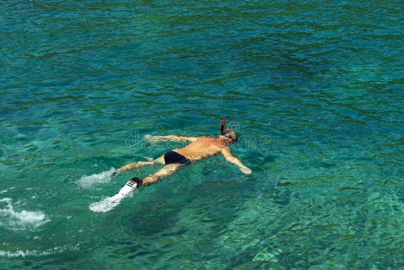 Bemannen Sie das Schnorcheln mit Flippern, Maske und snorke im lazure, klares Meerwasser von adriatischem Meer Flecke des Sonnenl lizenzfreie stockfotografie Bemannen Sie das Schnorcheln mit Flippern, Maske und snorke im lazure, klares Meerwasser von adriatischem Meer Flecke des Sonnenl lizenzfreie stockfotografie