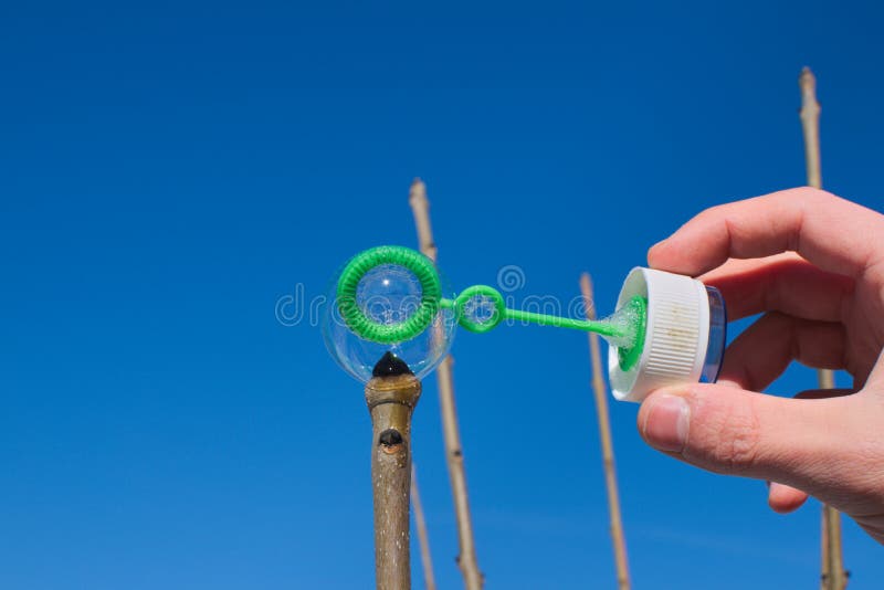 Bemannen Sie das Versuchen, eine einzelne Seifenblase auf einen Betriebsstamm zu setzen stockfotografie Bemannen Sie das Versuchen, eine einzelne Seifenblase auf einen Betriebsstamm zu setzen stockfotografie
