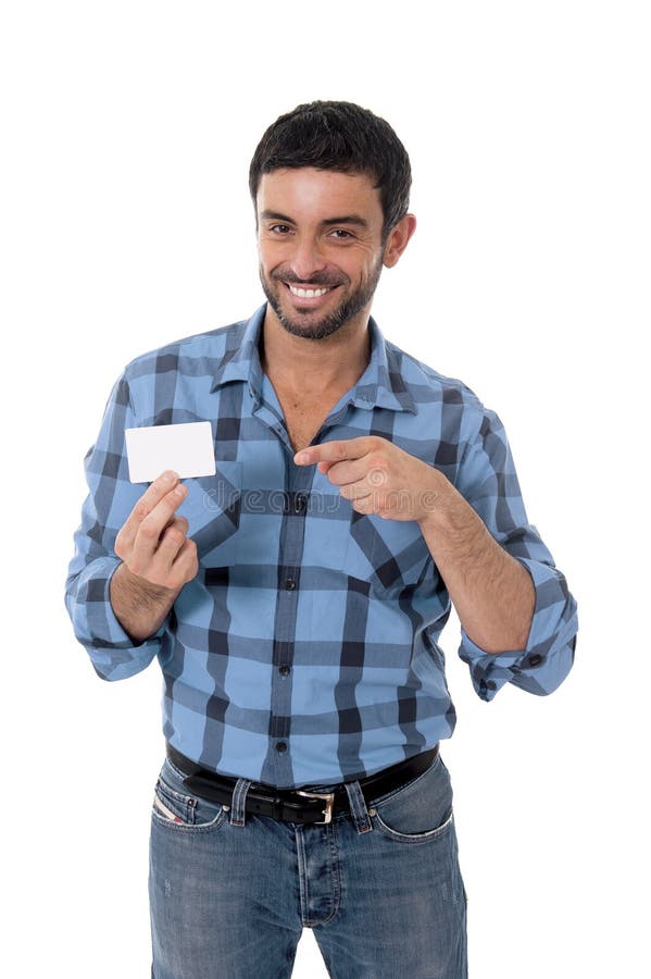 Bemannen Sie das Zeigen und das Zeigen des leeren Visitenkartelächelns glücklich stockfotos Bemannen Sie das Zeigen und das Zeigen des leeren Visitenkartelächelns glücklich stockfotos