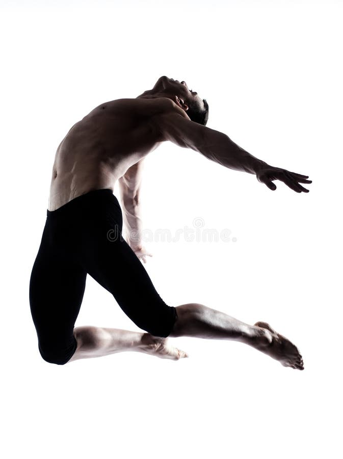 Bemannen Sie den Tänzer des modernen Balletts, der das gymnastisches akrobatisches Springen tanzt