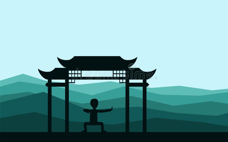 Bemannen Sie die Ausführung von Qigong oder von taijiquan Übungen am Abend lizenzfreie abbildung Bemannen Sie die Ausführung von Qigong oder von taijiquan Übungen am Abend lizenzfreie abbildung