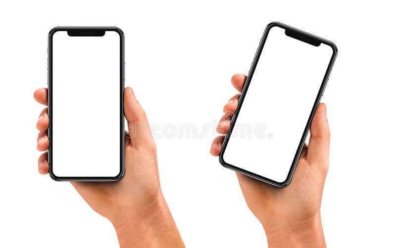 Bemannen Sie die Hand, die den schwarzen Smartphone mit leerem Bildschirm hält lizenzfreie stockfotografie