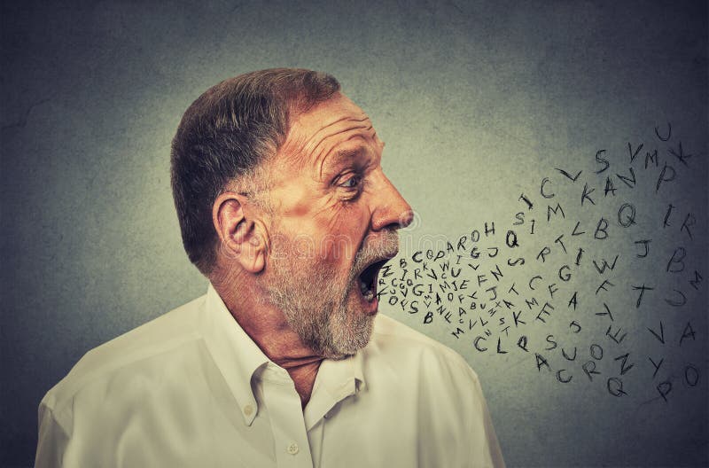 Man talking with alphabet letters coming out of his mouth. Communication, information, intelligence concept. Man talking with alphabet letters coming out of his mouth. Communication, information, intelligence concept