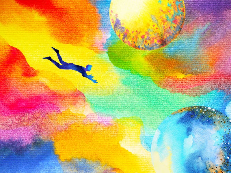 Bemannen Sie Fliegen in der abstrakten bunten Traumuniversumillustration