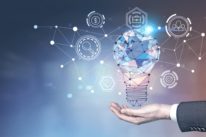 Bemannen Sie Hand, glühende Glühlampe, Netzwerkschnittstelle lizenzfreies stockfoto Bemannen Sie Hand, glühende Glühlampe, Netzwerkschnittstelle lizenzfreies stockfoto