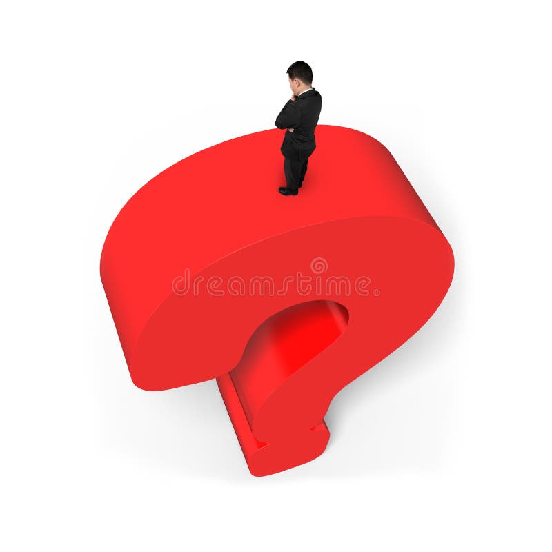 Man standing on top of huge 3D red question mark isolated on white background. Man standing on top of huge 3D red question mark isolated on white background