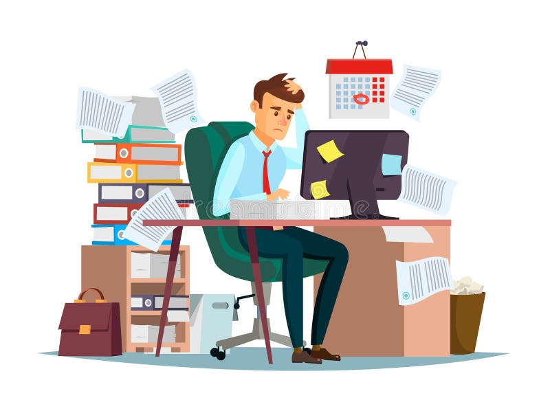 Man overwork in office, deadline vector illustration. Manager sitting at computer desk with stack of documents in mess and deadline tasks sticky notes holding hand on head flat cartoon office design. Man overwork in office, deadline vector illustration. Manager sitting at computer desk with stack of documents in mess and deadline tasks sticky notes holding hand on head flat cartoon office design