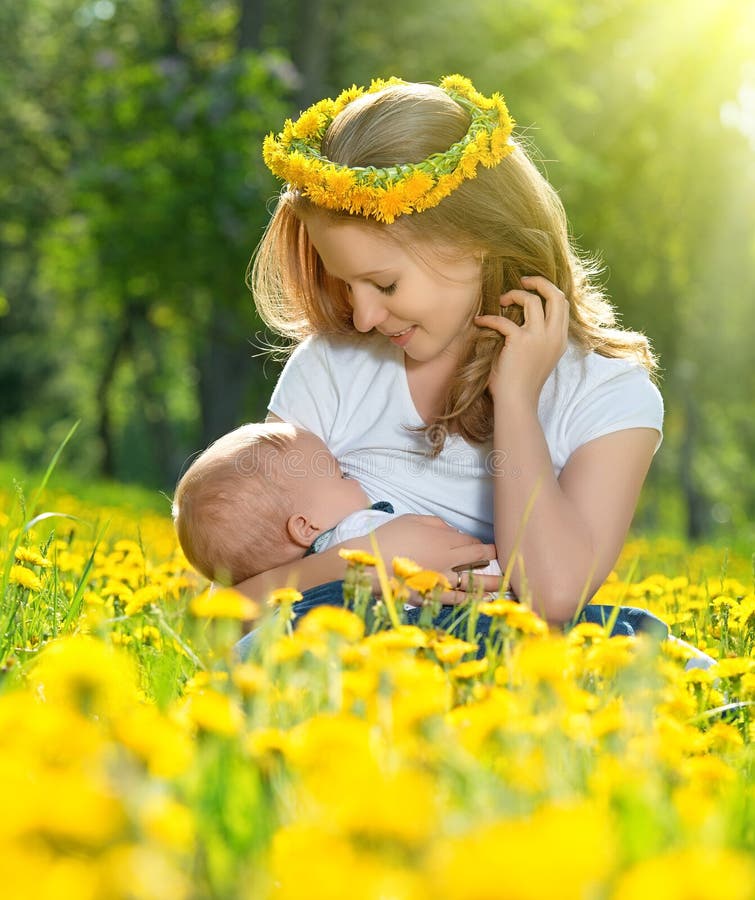Bemuttern Sie die Fütterung ihres Babys in der Naturgrünwiese mit gelbem Fluss lizenzfreie stockfotos Bemuttern Sie die Fütterung ihres Babys in der Naturgrünwiese mit gelbem Fluss lizenzfreie stockfotos