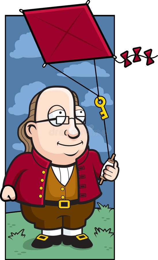 Ben Franklin flying a kite with a key on it.