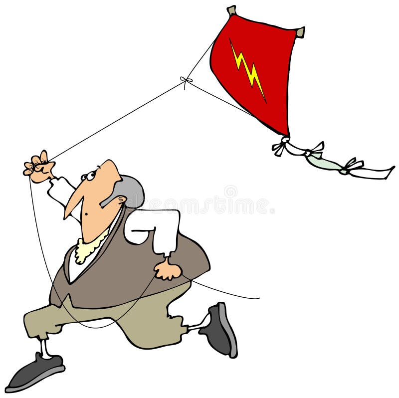 This illustration depicts Benjamin Franklin running with a red kite flying behind him. This illustration depicts Benjamin Franklin running with a red kite flying behind him.