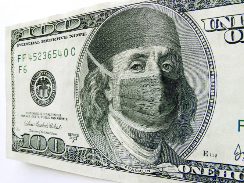 Ben Franklin Wearing Healthcare Mask på hundra dollarräkning Ben Franklin Wearing Healthcare Mask på hundra dollarräkning