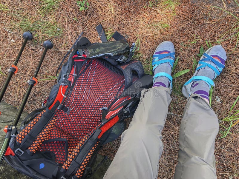 Ben ryggsäck och trekking pinnar som fotvandrar poler på bakgrunden Aktiv och sund livsstil i sommar fotografering för bildbyråer Ben ryggsäck och trekking pinnar som fotvandrar poler på bakgrunden Aktiv och sund livsstil i sommar fotografering för bildbyråer
