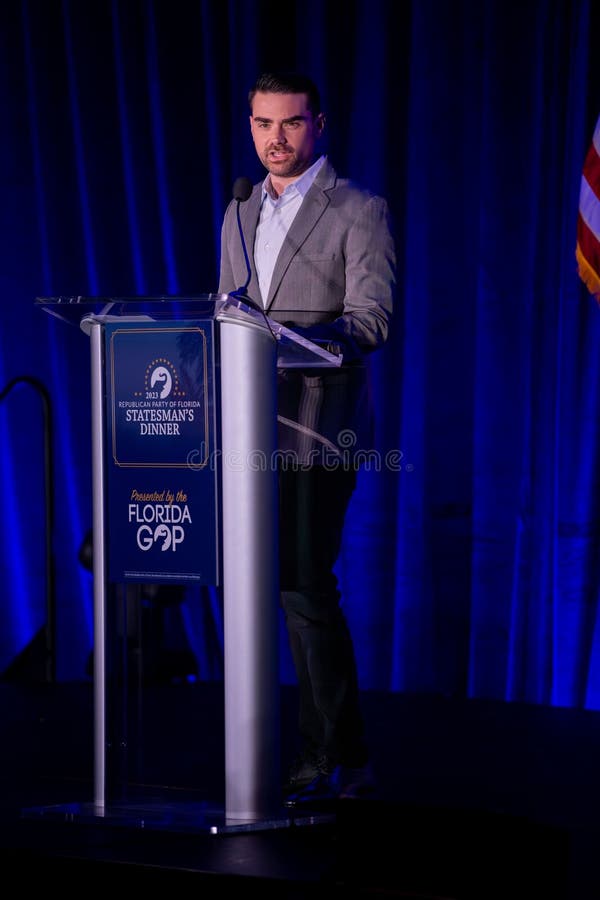 Ben Shapiro, an American conservative political commentator, is delivering a speech at a Republican Party event in Florida. Ben Shapiro, an American conservative political commentator, is delivering a speech at a Republican Party event in Florida