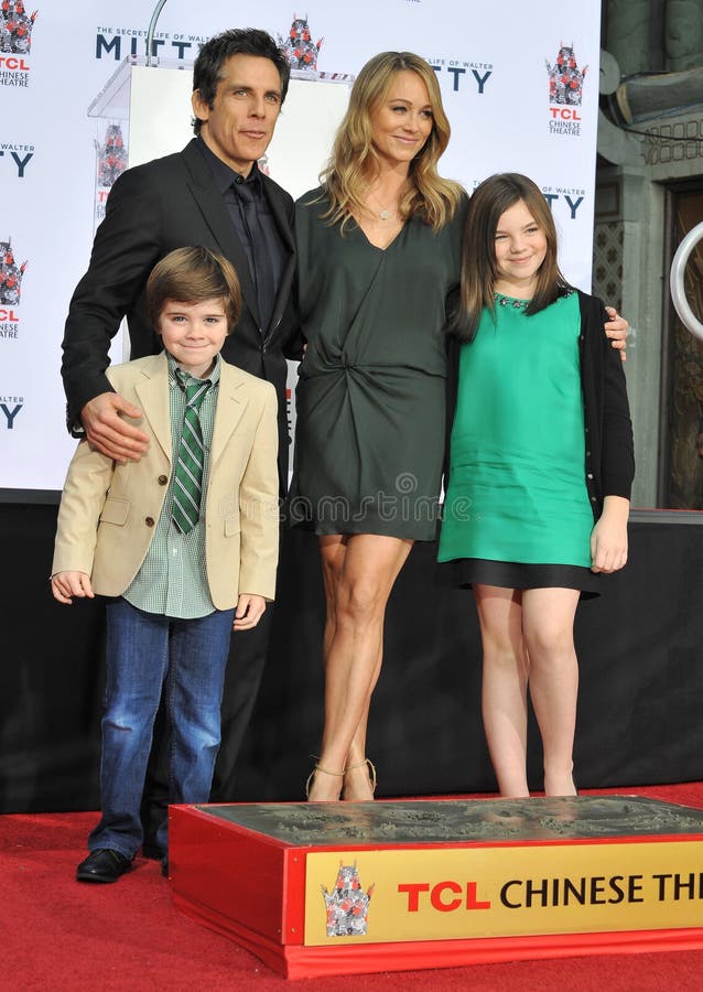 LOS ANGELES, CA - DECEMBER 3, 2013: Ben Stiller with wife Christine Taylor & children Ella, 11, & Quinlin, 8, at the TCL Chinese Theatre where he had his hand & footprints set in cement. LOS ANGELES, CA - DECEMBER 3, 2013: Ben Stiller with wife Christine Taylor & children Ella, 11, & Quinlin, 8, at the TCL Chinese Theatre where he had his hand & footprints set in cement