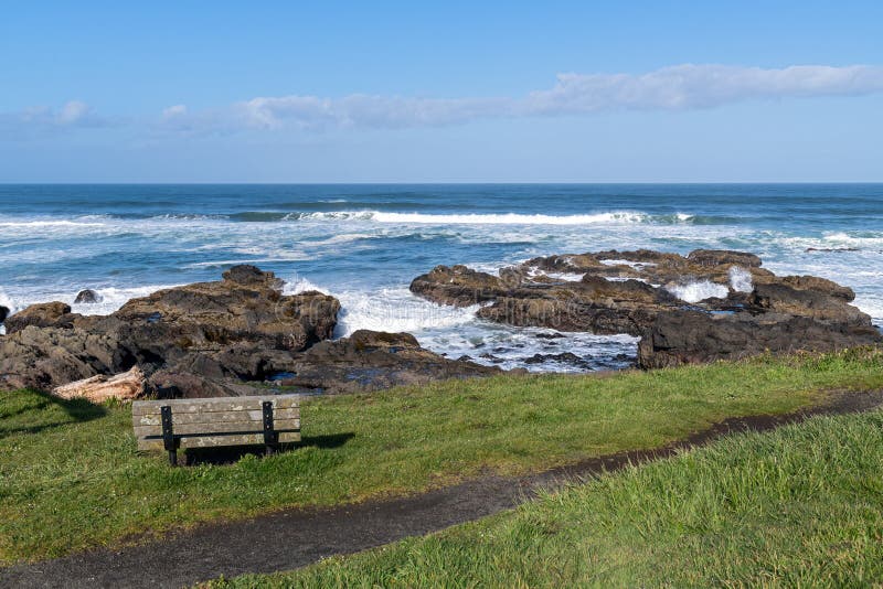 A bench at the beach in Yachats, Oregon, USA