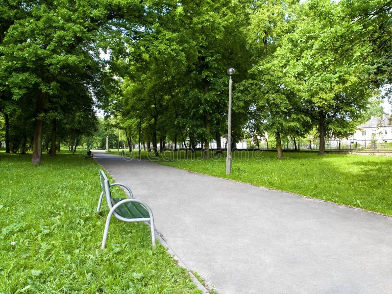 A bench at the city park alley.