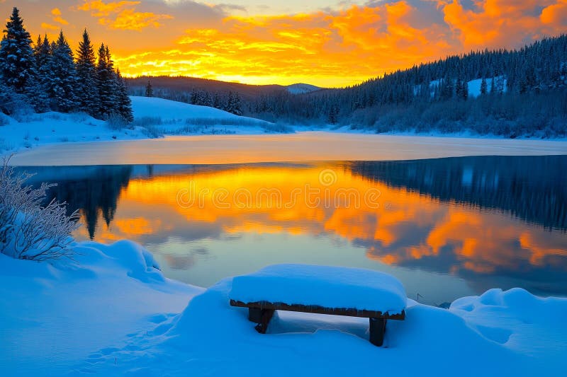 O bancă în mijlocul unui câmp acoperit de zăpadă lângă un lac stock images