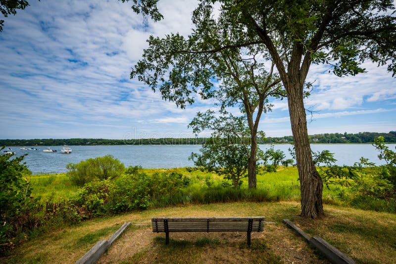 Bench and View of Town Cove, in Orleans, Cape Cod, Massachusetts Stock