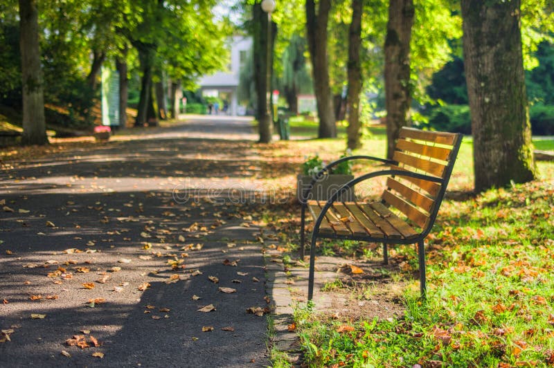 Lavička u chodníku v parku v lázních Sliač u Hotelu Palace