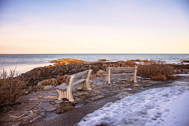 Benches on Marginal Way Path Along the Rocky Coast of Maine in Ogunquit
