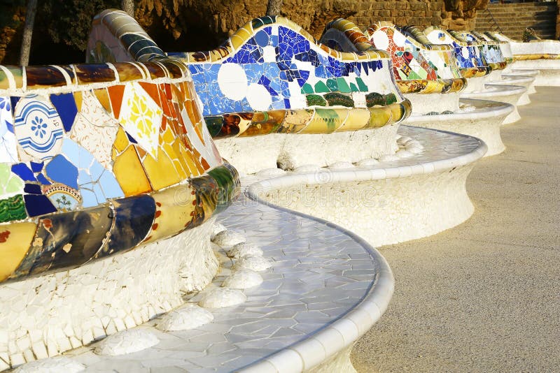 Benches in Park Guell of Barcelona, Spain