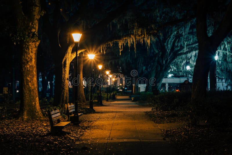 Benches and trees with Spanish moss along a walkway at night, at Forsyth Park, in Savannah, Georgia