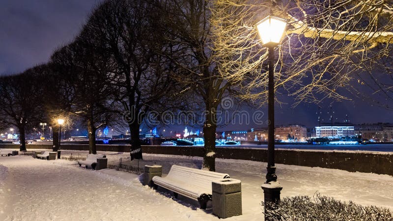 Benches under snow along alley with trees and street lights on embankment. Winter cityscape at twilight. Saint Petersburg, Russia. stock photos Benches under snow along alley with trees and street lights on embankment. Winter cityscape at twilight. Saint Petersburg, Russia. stock photos