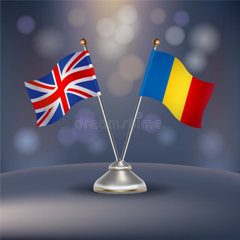 United Kingdom VS Romania flag Relation in a stand on table vector illustration