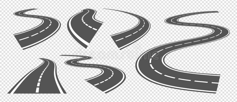 Bending roads. Driving asphalt strip road, curve highway or turn pathway. Vector set grey streets perspective