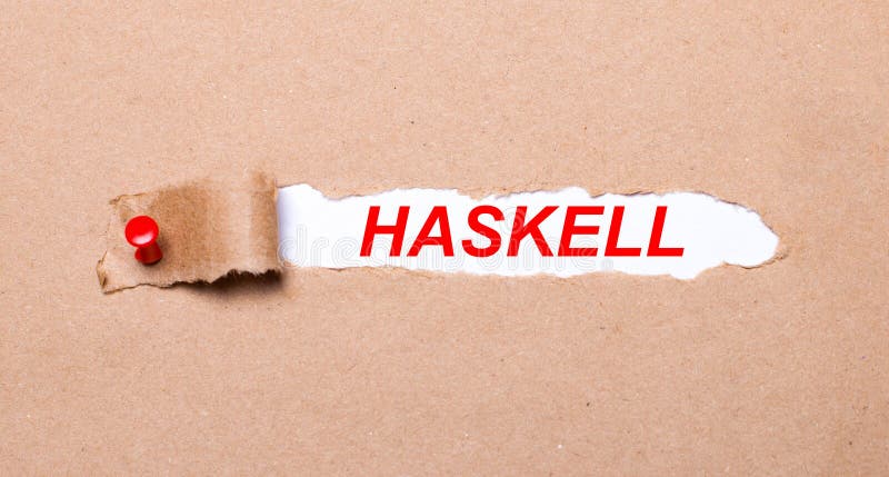 Beneath the torn strip of kraft paper attached with a red button is a white paper HASKELL stock photos