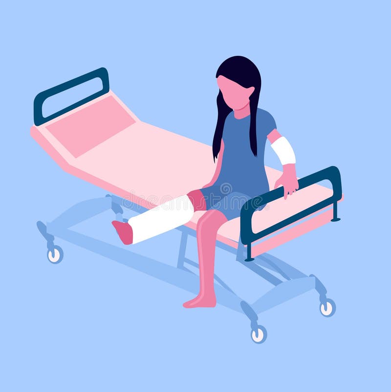 Benfrakturer i armar och ben med gips eller ortopedisk gjutning. tillfälligt handikappat sorgligt barn med brutna ben med förband. royaltyfri illustrationer