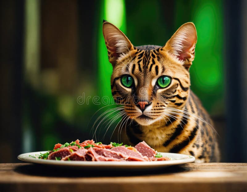 Bengal Breed Cat Eats Pieces of Raw Meat from a Bowl. Pets Stock