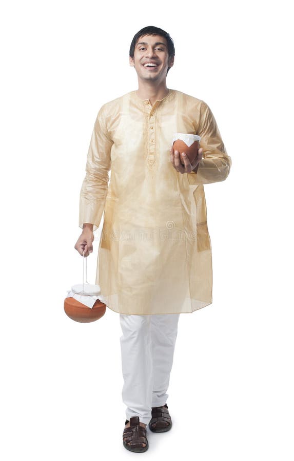 Bengali Man Holding Pots of Rasgulla and Curd Stock Image Image of