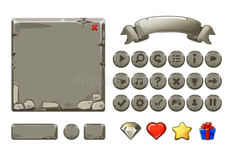 Beni del grande fumetto dell'insieme e bottoni di pietra grigi per il gioco di Ui, icone del GUI illustrazione di stock Beni del grande fumetto dell'insieme e bottoni di pietra grigi per il gioco di Ui, icone del GUI illustrazione di stock
